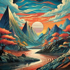 Mountains Landscape with Ukiyo-e Japanese Style 
