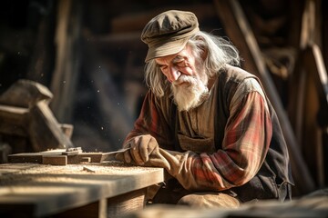 Meticulous Carpenter old man sawmill. Wood furniture. Generate Ai - obrazy, fototapety, plakaty