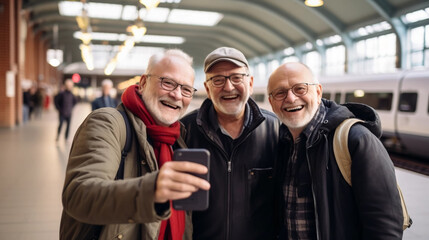 Obraz premium copy space, stockphoto, Group of senior friends taking selfies on a smartphone at the train station. Healthy elderly friends making a selfie in the railway station. Happy elderly people. Good life ins