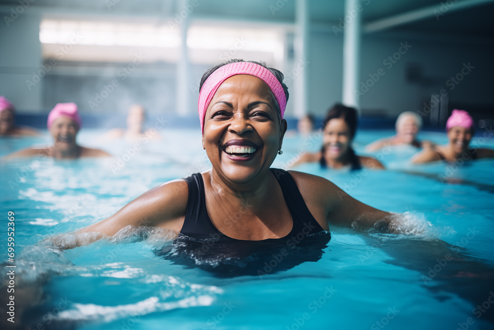 Wall mural A smiling, joyful, elderly Afro woman with a bright pink headband and a black one-piece swimsuit is doing gymnastic exercises in the pool with a group of women of all ages.