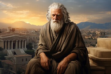 Marble-laden Old man ancient greek city. Roma people. Generate Ai