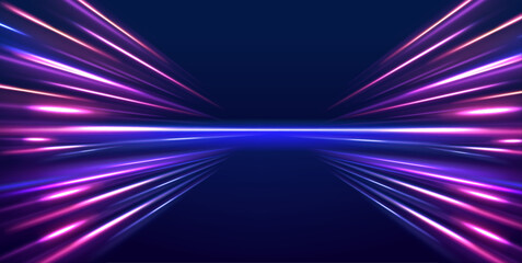 Lines in the shape of a comet against a dark background. Illustration of high speed concept. Motion light effect for banners. The effect of speed on a blue background. - obrazy, fototapety, plakaty