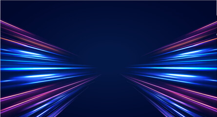 Panoramic high speed technology concept, light abstract background. Abstract neon background with shining wires.	