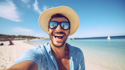 Happy laughing tourist man taking selfie with smart mobile phone outside enjoying summer vacation at the beach, Travel life style - obrazy, fototapety, plakaty