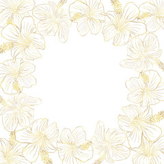 Hibiscus gold foil flower square banner. Can be used for wedding invitations, greeting cards, scrapbook, print, gift wrap, manufacturing Hand drawn line art vector background