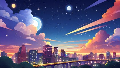 city night scenery clear sunny day sky with movie atmosphere and wonderful cloud beautiful colorful landscape anime comic style art for poster novel ui web game design