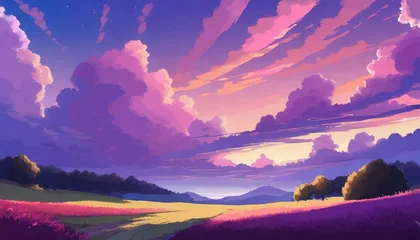 Fototapeten beautiful landscape background sky clouds sunset view wallpaper landscape light colours purple anime style magic and colorful © Mac