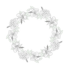 Hibiscus flower with leaves circle wreath. Can be used for wedding invitations, greeting cards, scrapbook, print, gift wrap, manufacturing Hand drawn line art vector illustration