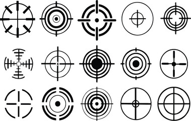 Target icons set in editable vector. Law Enforcement, Symbols to hit or achieve. Poster or banner designing for media and web. Hand drawn Hunting icon, target marketing and goal setting. eps 10.