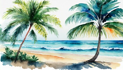 holiday summer travel vacation illustration watercolor painting of palms palm tree on teh beach with ocean sea design for logo or t shirt on white background