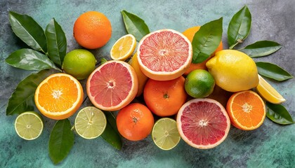 colorful citrus fruis food background top view mix of different whole and sliced fruits orange...