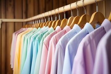 Row of pastel colored shirts on hangers