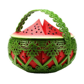 Watermelon shaped as fruit basket, PNG image, isolated image.