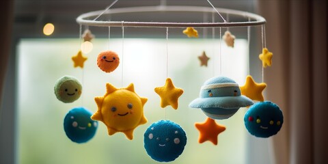 Baby mobile with plush stars and planets - obrazy, fototapety, plakaty