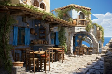 Traditional Greek tavern near sea. Travel greece. Generate Ai
