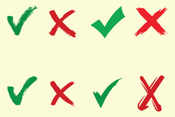 Check mark and cross in editable vector file. Tick and cross icons set. Stylish check mark icon set in green and red color. Hand drawn art work, easy to change color or size. eps 10.