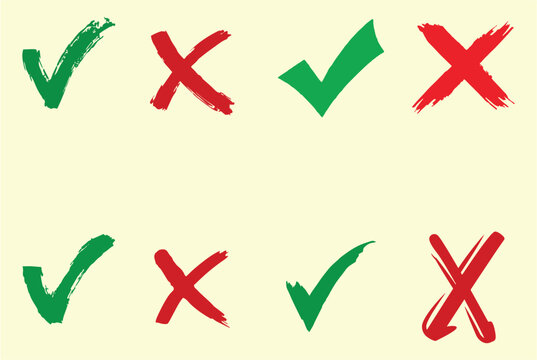 Check Mark And Cross In Editable Vector File. Tick And Cross Icons Set. Stylish Check Mark Icon Set In Green And Red Color. Hand Drawn Art Work, Easy To Change Color Or Size. Eps 10.