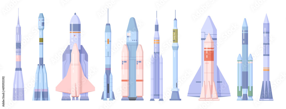 Poster space ships and shuttles launching for space. vector isolated rockets going on missions to explore g