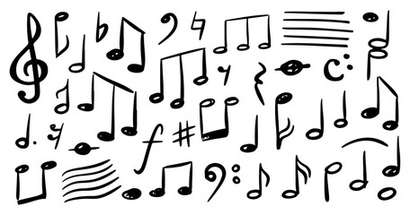 Music notes monochrome sketch outline. Vector isolated melody doodle, sound or composition, song elements. Composing musical masterpieces, melodic chords and treble design, flat cartoon - obrazy, fototapety, plakaty