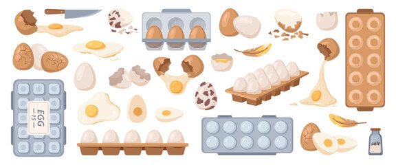 Chicken and quail eggs, cooking ingredients for breakfast or dinner. Vector isolated packs from shop, salt and spice for dish. Yolk and whites from shell, frying and boiling meal, braking in half - obrazy, fototapety, plakaty