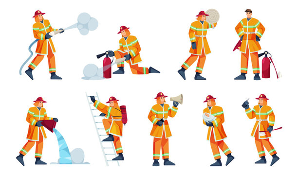 Brave firefighters putting out fire, isolated men wearing protective helmets and uniforms. Vector flat cartoon character, firemen with hoses and water, ladder to reach window, loudspeakers