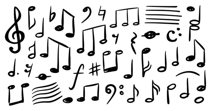 Music notes monochrome sketch outline. Vector isolated melody doodle, sound or composition, song elements. Composing musical masterpieces, melodic chords and treble design, flat cartoon
