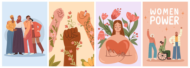 Feminism and woman empowerment, gender equality and diversity. Vector posters or banners with ladies, groups of girls unity with flowers. Raised hands and embracing heart, bouquets decoration - obrazy, fototapety, plakaty