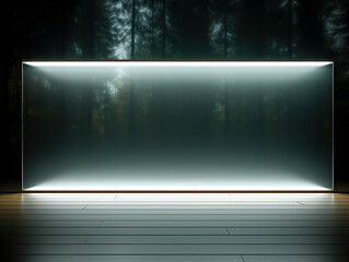Front view of transparent podium and blank space on dark nature background.