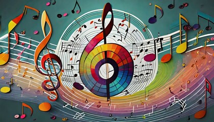 colorful music notes background with sheet music disc and treble clef illustration ai generative