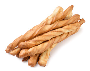 Pile of grissini breadsticks close-up on a white background. Isolated