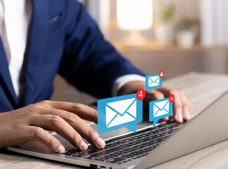Business email communication in the digital age new messages and alerts. Inbox with email Marketing Strategy and Notifications. internet technology. businessman using smartphone with email. - obrazy, fototapety, plakaty