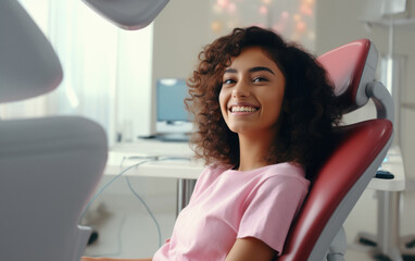 young indian woman laying on dental chair at clinic - obrazy, fototapety, plakaty