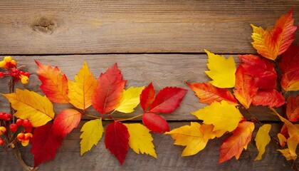 Naklejka na ściany i meble yellow and red fall leaves on wood background
