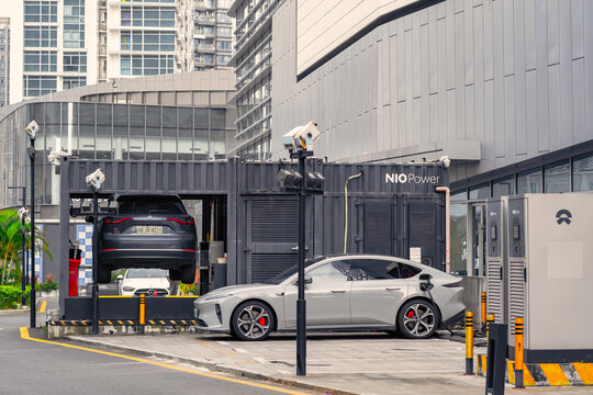 SHENZHEN, CHINA - November 30, 2023: NEO Power Car Charging Station replaces battery for electric car