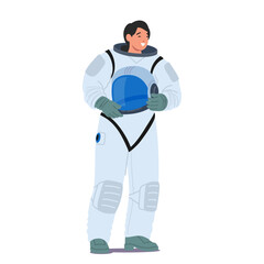 Astronaut Profession Concept. Spaceman Stands Tall, Cradling Helmet, Embodying The Essence Of Space Exploration