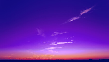 Bright Dramatic Sunset Sky In Violet Colours. Amazing Beautiful Sunset View With Magenta Sky. Very Peri. Bright Purple, Yellow Colors Of Sunrise Sky Background Gradient.
