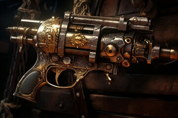 Antique Pirate gun closeup. Military model. Generate Ai