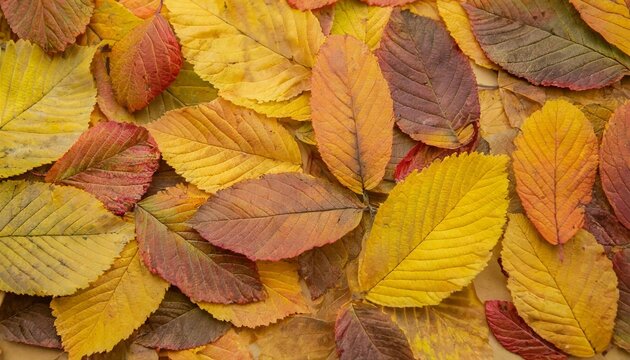 organic autumn background texture of colored autumnal leaves top view nature surface yellow brown foliage as natural seasonal pattern fall aesthetic photography with macro leaves with veins