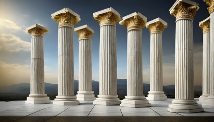 six marble pillars columns ancient greek on background - 695958983