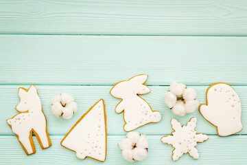New Year decoration - white Christmas cookies pattern, top view