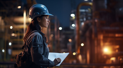 Young woman heavy industry engineer inspecting a factory