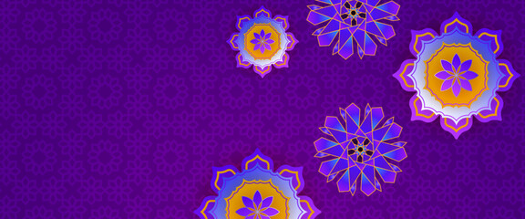 Purple violet blue and orange vector luxury ramadan banner. Ramadan Kareem background for print, poster, cover, brochure, flyer, banner.