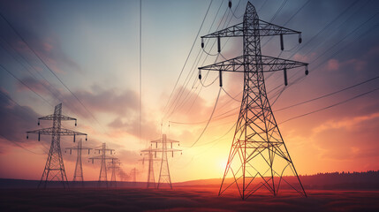 Electricity power lines at sunset - obrazy, fototapety, plakaty