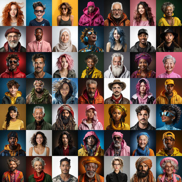 Multicultural faces photo collage. Generative AI