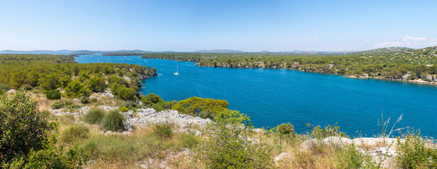 Panoramic view of the landscape in the St. Anthony Channel in the state of Šibenik-Knin Croatia
