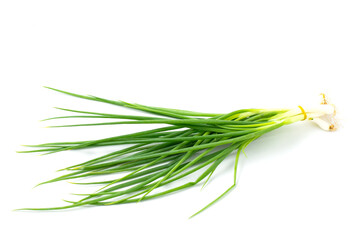 Green onion isolated on the white background. Spring onion bunch. Fresh vegetable, top view .