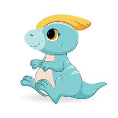 Cute, bright, colorful baby dinosaur. Small parasaurolophus. Ancient, prehistoric world. Fossil. Vector, bright illustration in cartoon style.