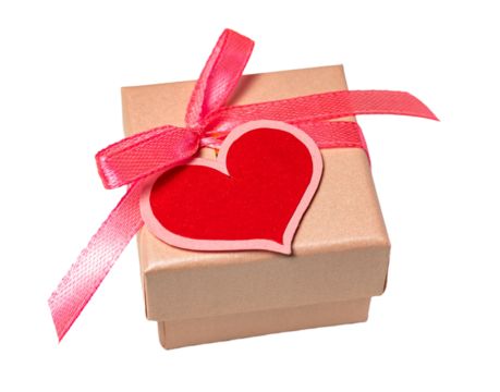 Small pink gift with red heart isolated on white or transparent background, cutout.