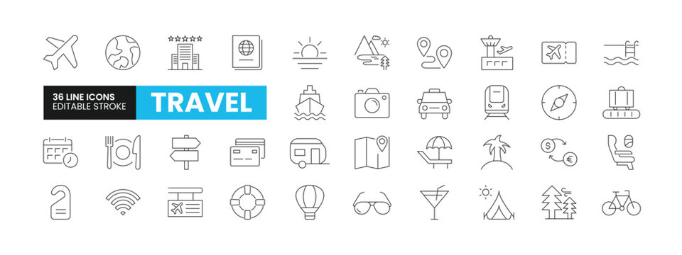 Set of 36 Travel and Vacation line icons set. Travel outline icons with editable stroke collection. Includes Passport, Camping, Airport, Hotel, Cycling, and More.