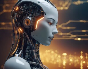 A humanoid robot, ai, artificial intelligence is thinking or analyzing data with glowing code structure floating in the head
